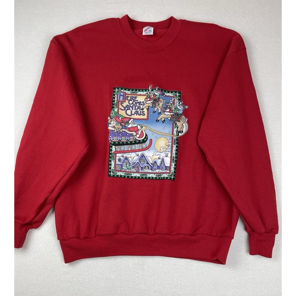 Jerzees Christmas Sweatshirt Women's Size XL Here Comes Santa Claus Ho Ho Ho Red - Picture 1 of 8